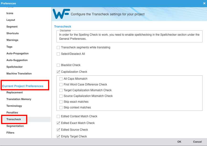 Transcheck preferences at project level