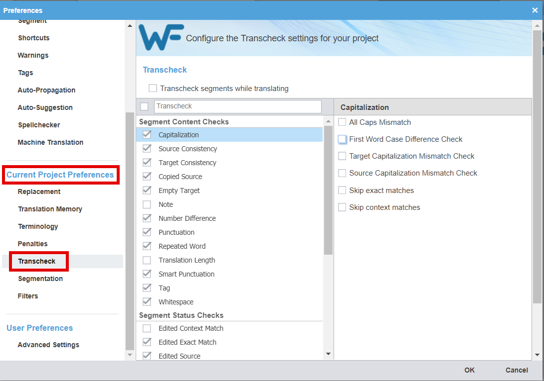 Transcheck preferences at project level