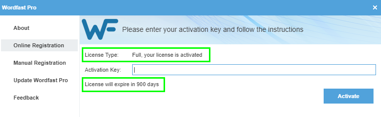 A paid license is activated in WFP here, with 900 days of license validity remaining.