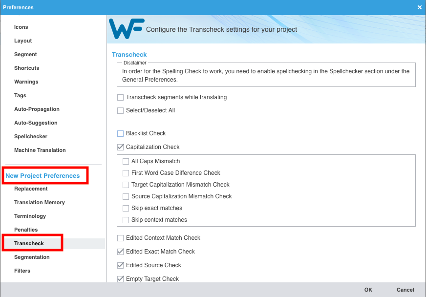 Transcheck preferences at application level