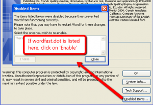 Word 2003 disabled items