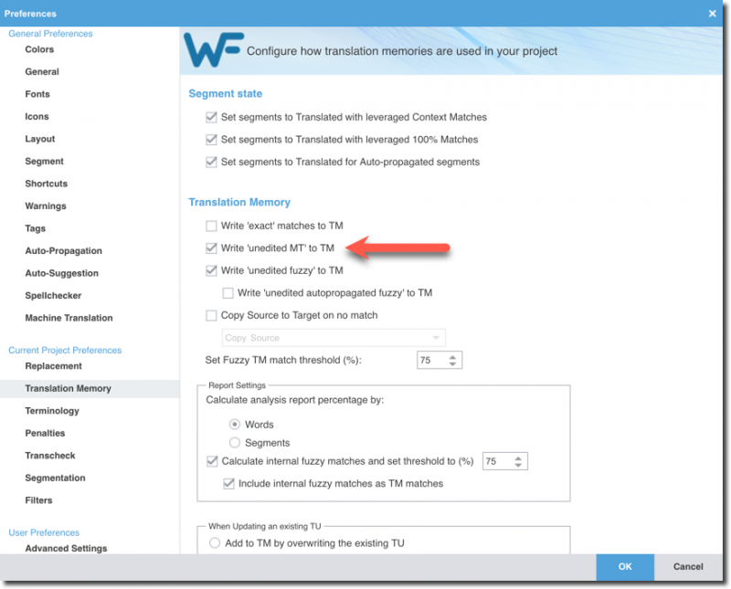 WFP Preferences > Translation Memory