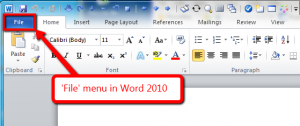 Word menu in Word 2010