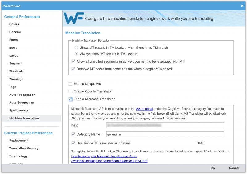 WFP Preferences > Machine Translation